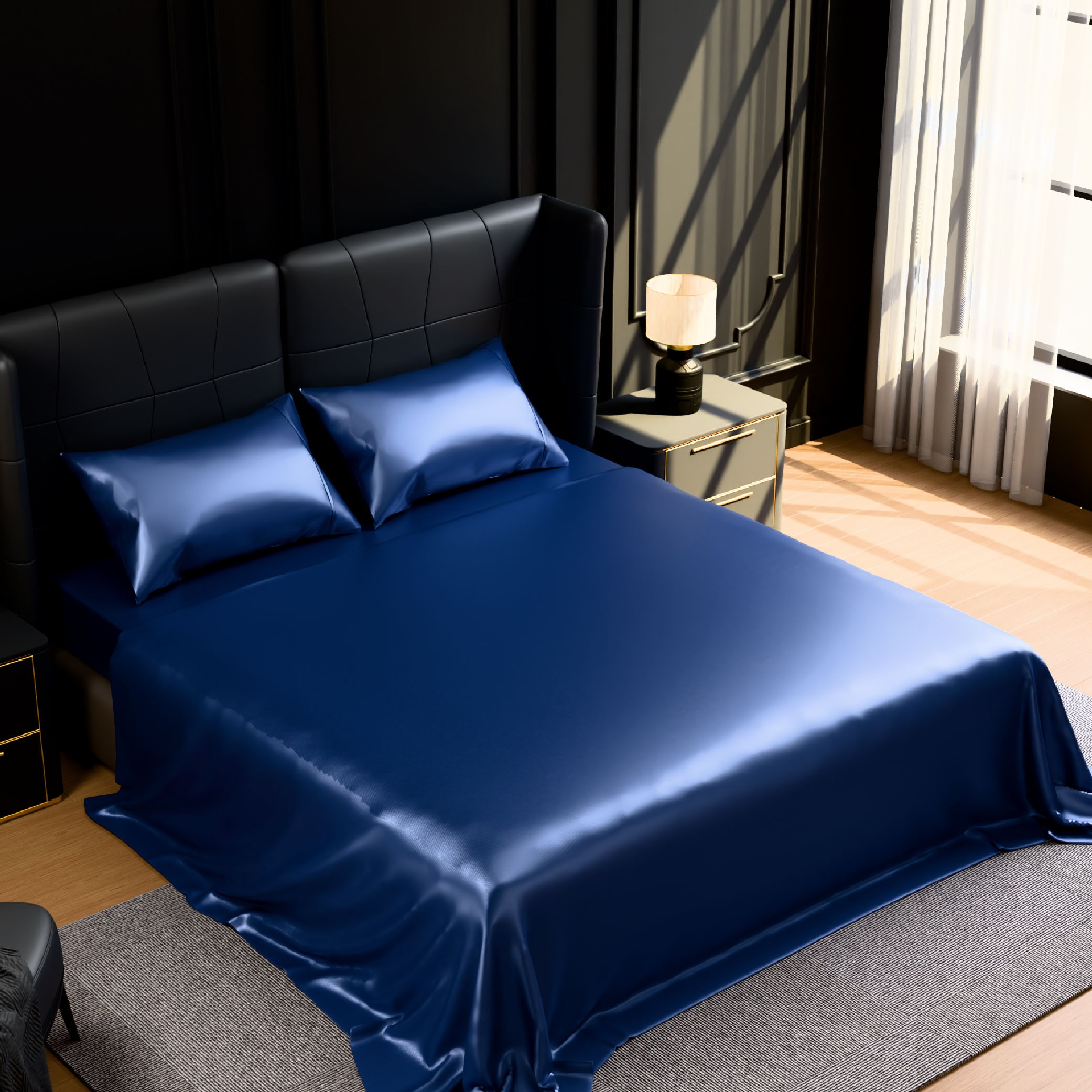 Satin Bed Sheets, King Size Sheets Set, 4 Pcs Silky Bedding Set With 15 Inches Deep Pocket For Mattress (King, Navy Blue)_voghion.com